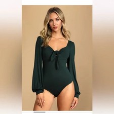 NWT Lulu's Dark Teal Tie-Front Puffy and Long Sleeves Bodysuit size Medium