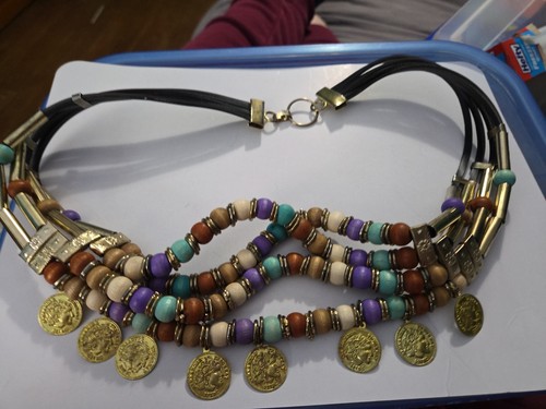 Vtg. Wood Colored Beads, Goldtone Coins, Bars & Leather Cords Belly Dancing Belt