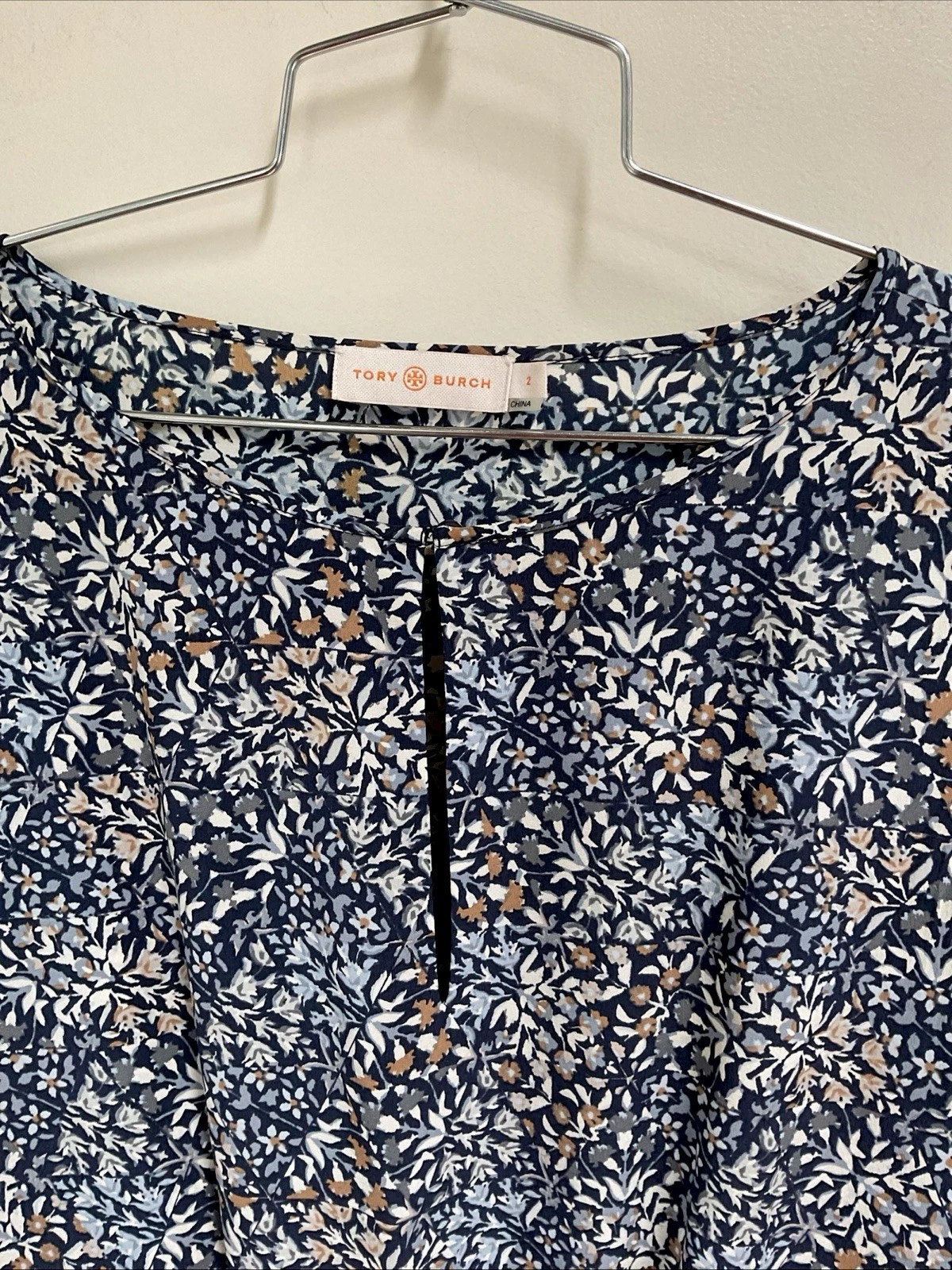 Abito donna Tory Burch seta vita bassa blu bianco marrone floreale taglia 2 XS