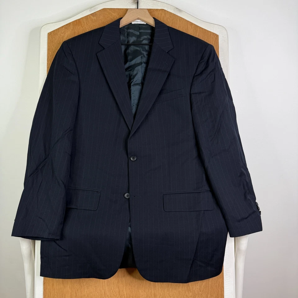 Traje Geoffrey Beene Para Hombres 42L Azul Marino Rayas 2 Botones Lana Pantalones 36x31 Plisado Foto 2 de 4