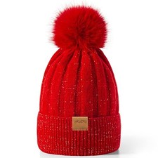 Womens Winter Beanie Hat with Faux Fur Pom Pom,Soft Warm Fleece Lined Knit Red