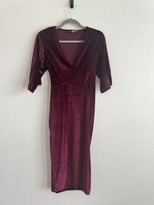 Boohoo Night Velvet Midi Dress Burgundy V Neck 3/4 Sleeve Size 10