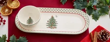 Spode Christmas Tree - 2-Piece Polka Dot Chip and Dip Serving Set, NEW!
