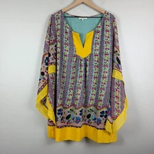 Umgee Top Women's 1XL Multicolor Floral Print Kaftan Sleeve V-Neck Tunic Boho