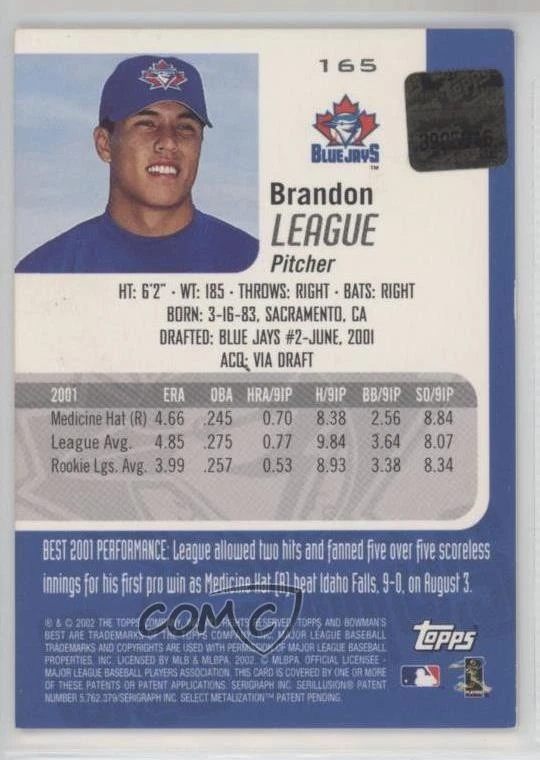 2002 Bowman's Best Auto Red Brandon League #165 Auto - Image 2 of 2