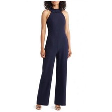 ELIZA J Womens Ruffle Halter Neck Jumpsuit Size 8 Navy NWT
