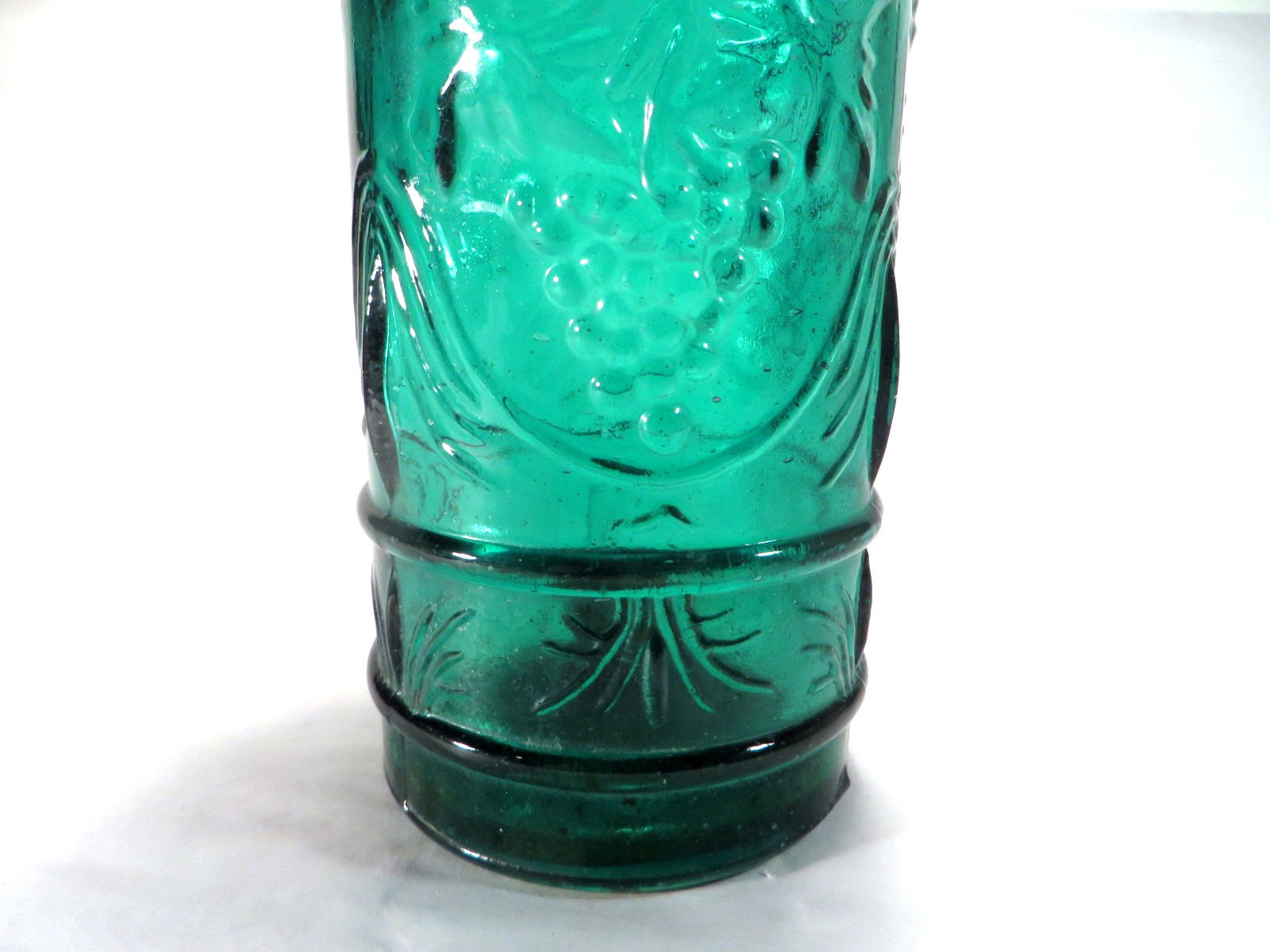 Decorative Glass Bottle Green Embossed Grapes Empty Cork Fill Inside 11.5"