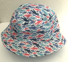 New TODDLER One Size Coral Navy Aqua Blue SHARKS SUN BUCKET HAT Boonie Cotton