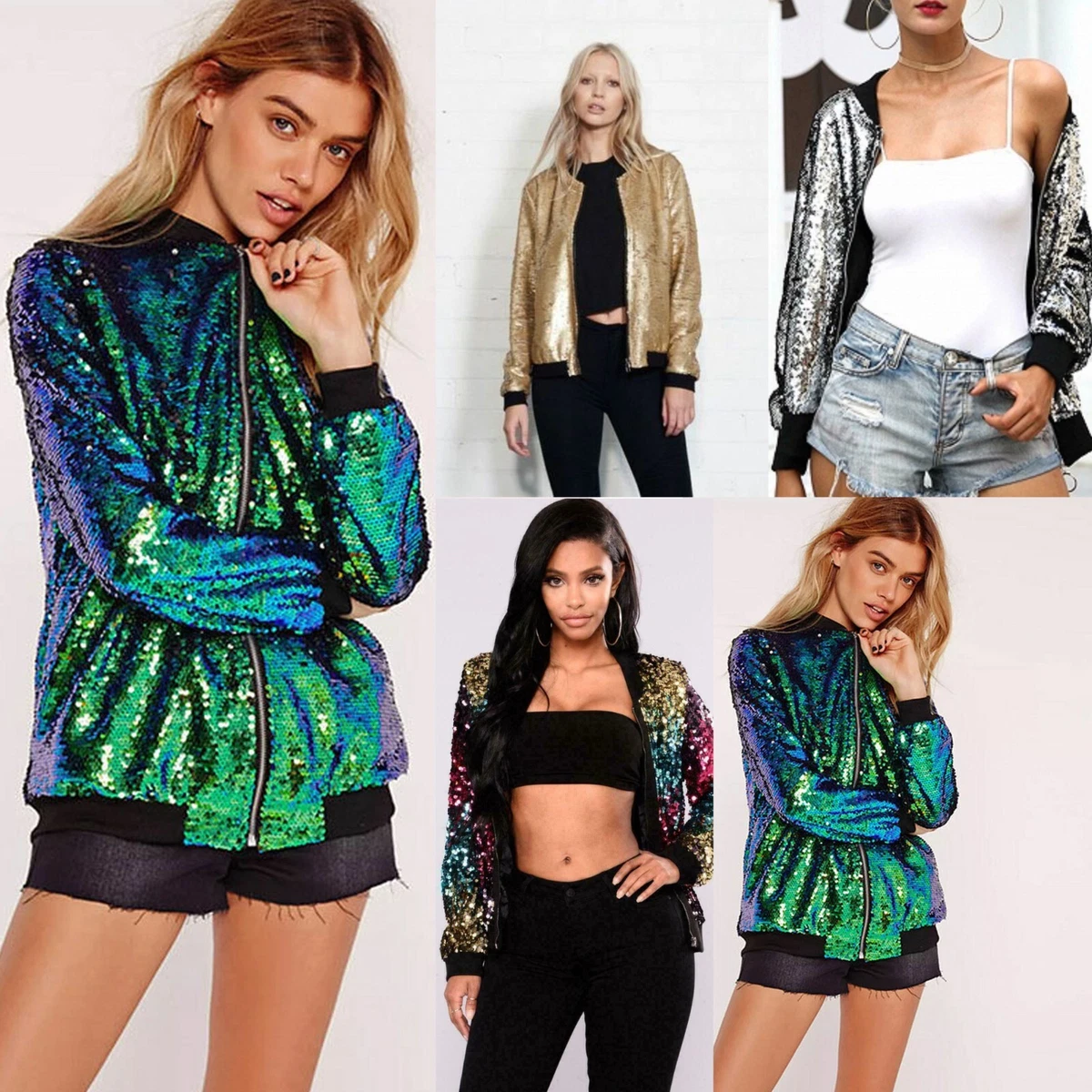 Womens Sequin Bomber Jacket Ladies Bling Baseball Biker Coat