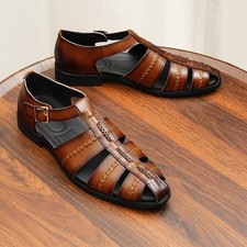 2025 Men's Casual Sandals Genuine Leather Shoes British Belt Buckle Large Shoes