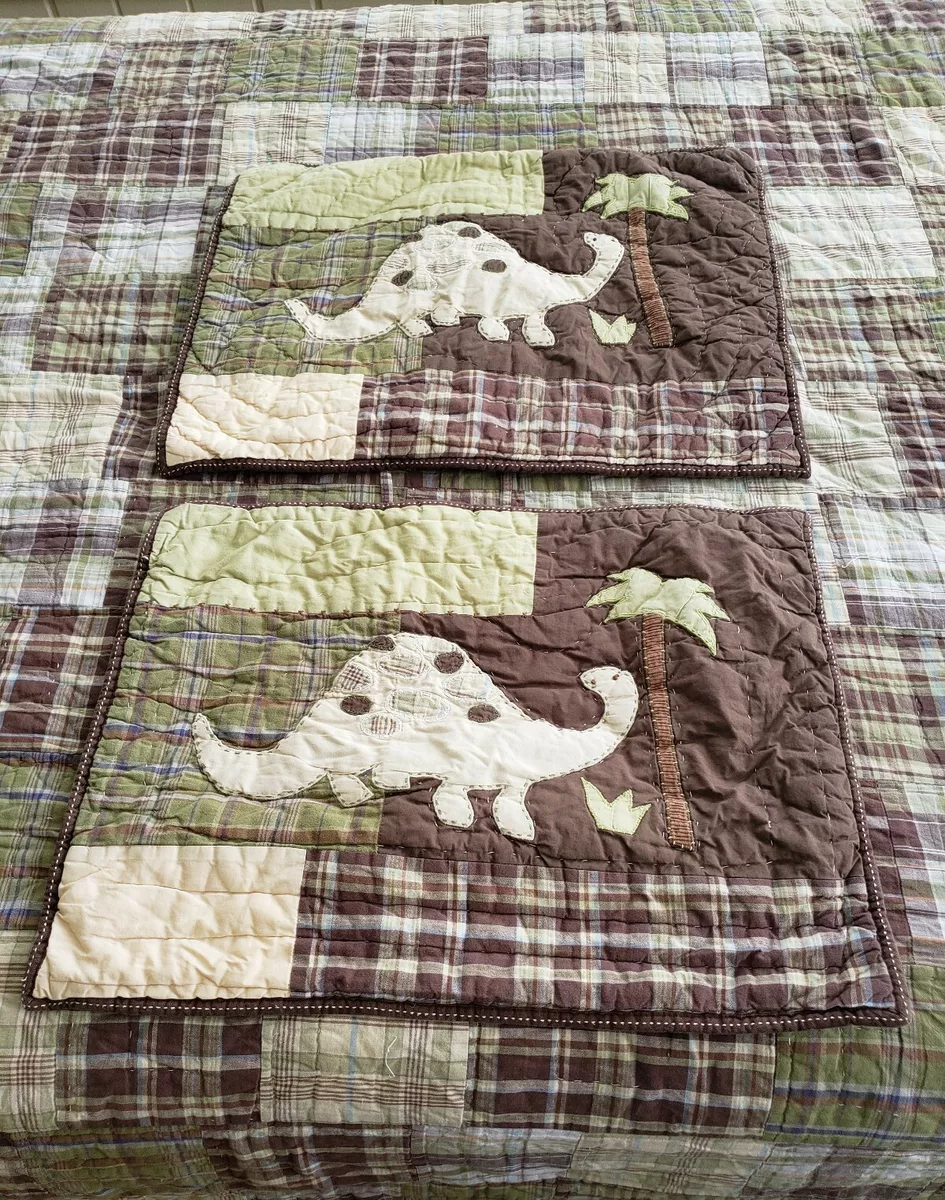 Pottery Barn Kids 2 Dinosaur Shams Full Queen Patchwork Quilt Brown Green