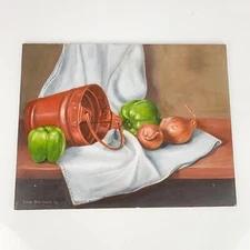 Vintage Original Still Life Oil Painting On Boars Signed Peppers Onion realism