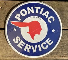 MADE IN USA Pontiac Service Round METAL SIGN vtg auto shop garage decor aluminum
