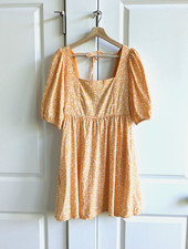 GAP Dress Women S Yellow Linen Blend Puff Sleeve Smocked Back Prairie Sundress