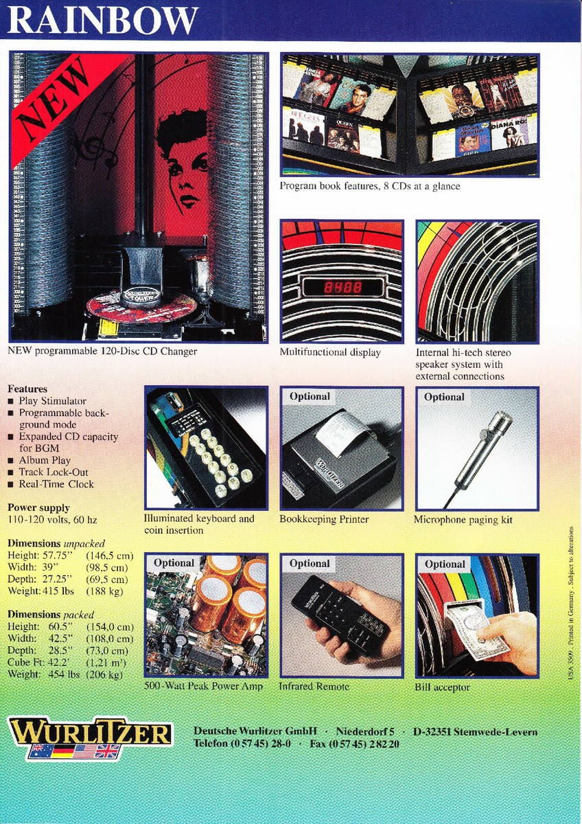 WURLITZER RAINBOW CD juke box jukebox Flyer Brochure 1996 BRAND