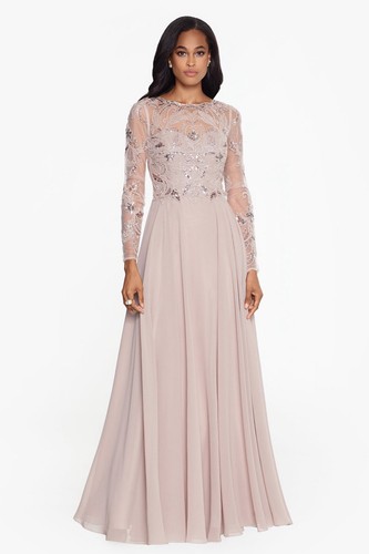 Xscape MASON" LONG SLEEVE BEADED CHIFFON Long GOWN 6P NWT