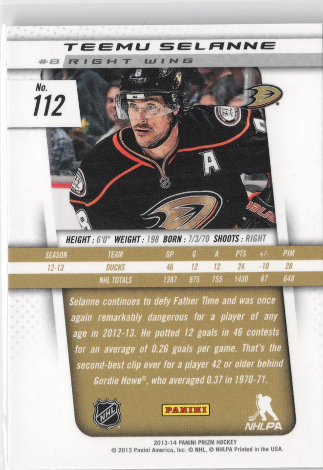 2013-14 Panini Prizm #112 Teemu Selanne - Image 2 of 2