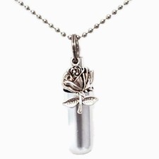 Beautiful Silver ROSE CREMATION URN on 24" Necklace with Velvet Pouch  Fill Kit