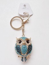 Turquoise Blue Rhinestone Owl Key Chain Bag Charm Keyring