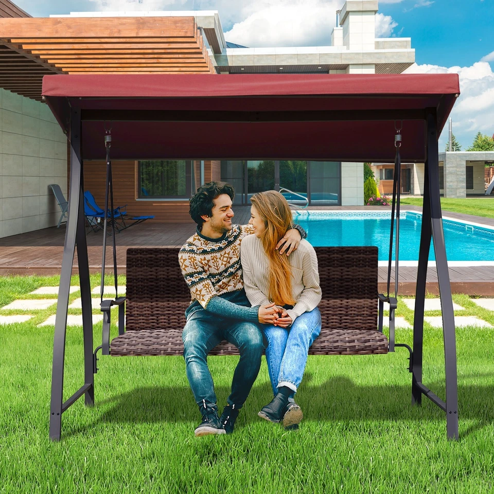 Columpio Aoodor 3 Asientos Exterior Porche PE Mimbre Patio Jardín Columpio con Toldo Rojo Foto 3 de 4