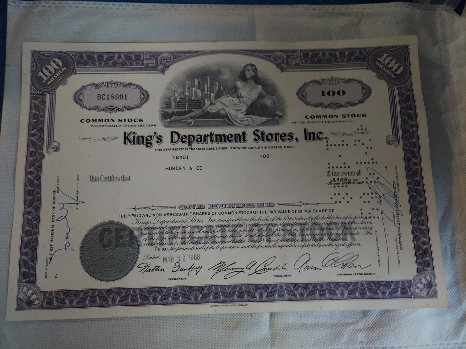 King's Department Stores, Inc. Stock Certificate 100 Shares eBay