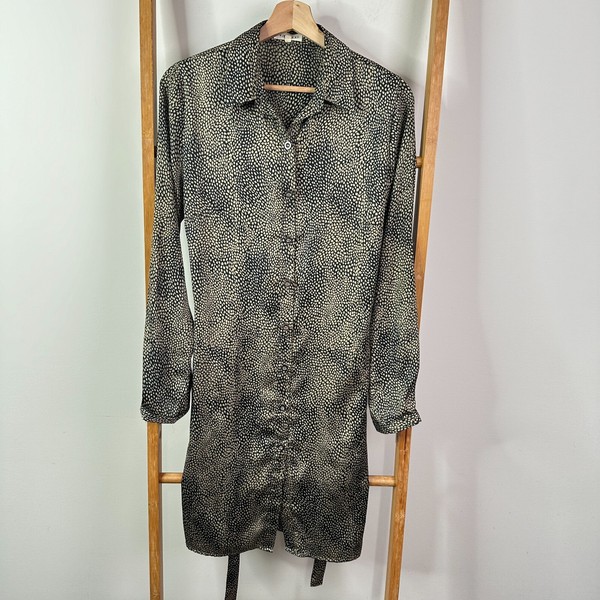 Iris Maxi Shirt Dress Womens 10 Black & Beige Long Sleeve Button Front Collared