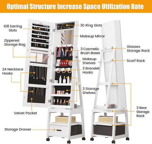 360° Swivel Jewelry Armoire, Floor Standing Locking with Full Length Mirror,Bott - Picture 5 of 7