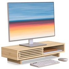 Monitor Stand Riser with Sliding Door, Computer Laptop Stand Desk Shelf Organ...