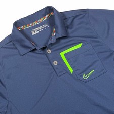 Nike Golf Polo Youth Medium Dri-fit Short Sleeve Navy Blue Neon Green Pocket