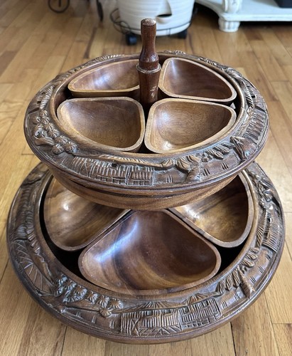 Vintage Teak Hand Carved 2 Tier Lazy Susan Hors D’oeuvre Server MCM Monkey Pod