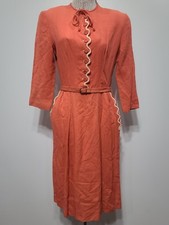 Vintage 1930s 1940s Coral Colored Dress Scalloped Trim Pink Orange (B-36