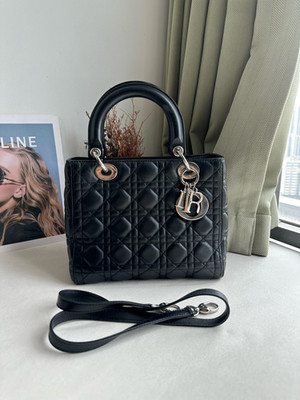 Dior Lady Dior Medium Black Lambskin Silver Hardware Top Handle w/ Strap