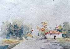 original watercolor painting ACEO Road house trees rural barn street Sky #SIBY