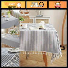 Blue White Striped Tablecloth with Tassels - Cotton Linen Dust-Proof Cover for D