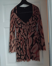 PRETTYLITTLETHING Brown & Black Animal Print Mini Dress V-Neck Long Sleeve UK 10