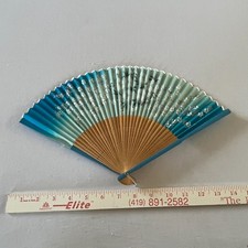 Vintage Wooden  Paper Hand Fan Fold Up 1940-1950 Japan Blue Floral
