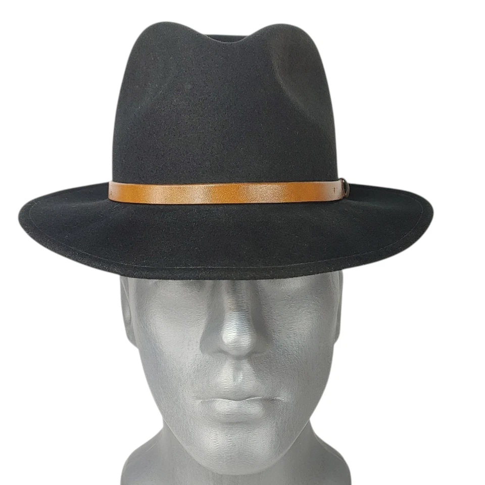 Vintage Flex Felt Fedora Black Hat 100% Wool Leather Band Size Medium - USA - Image 2 of 4