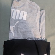 PUMA 2-Piece Set Gray Logo Long Sleeve Top Black Pants Knit Polyester L