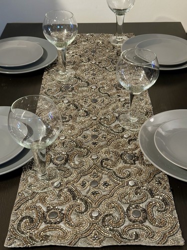 Pier 1 Beaded Table Runner – Elegant Metallic Silver & Gold Scroll Design - Picture 3 of 5