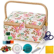 Sewing Basket with Accessories Wooden Storage Box Tray Kit for Mending Floral