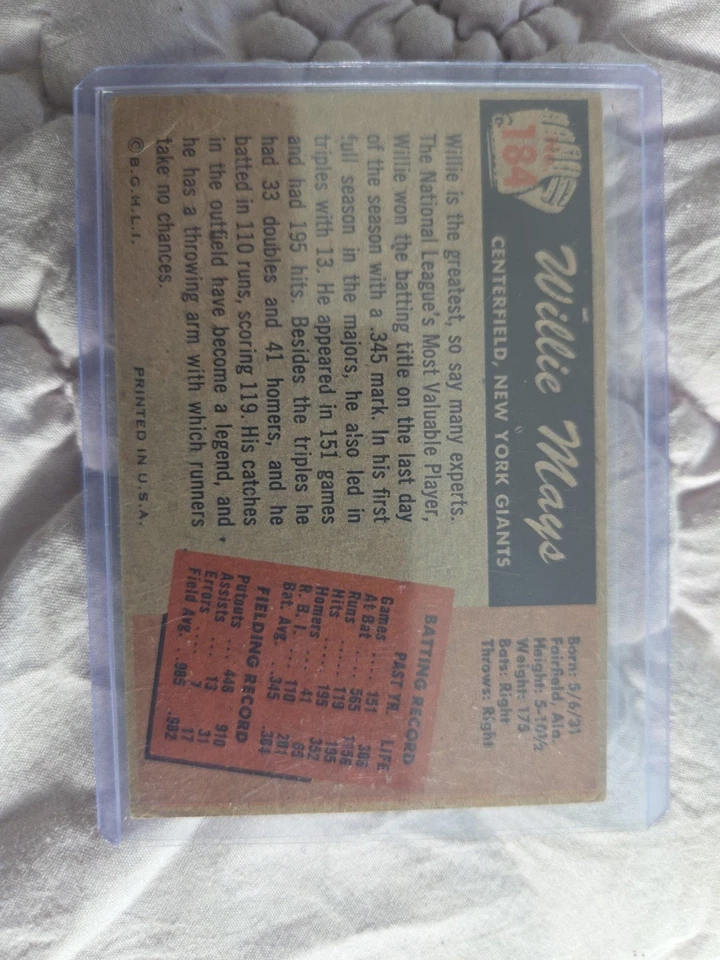 Tarjeta de béisbol 1954 Bowman 184 Willie Mays New York Giants Foto 2 de 2