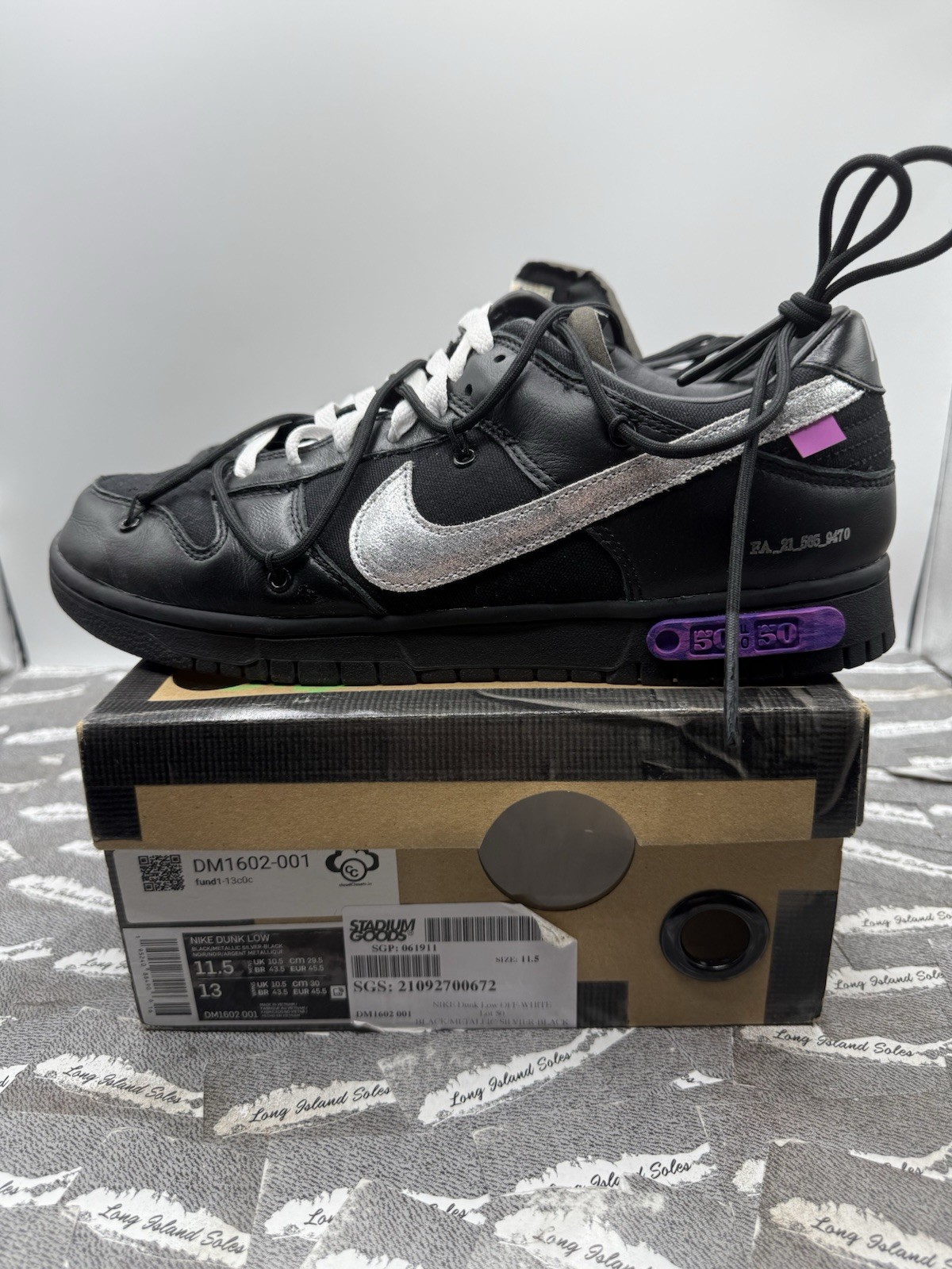 OFF WHITE X NIKE Nike Off White x Dunk Low "Lotto 50 di 50" Taglia 11.5 DM1602 001 Nero