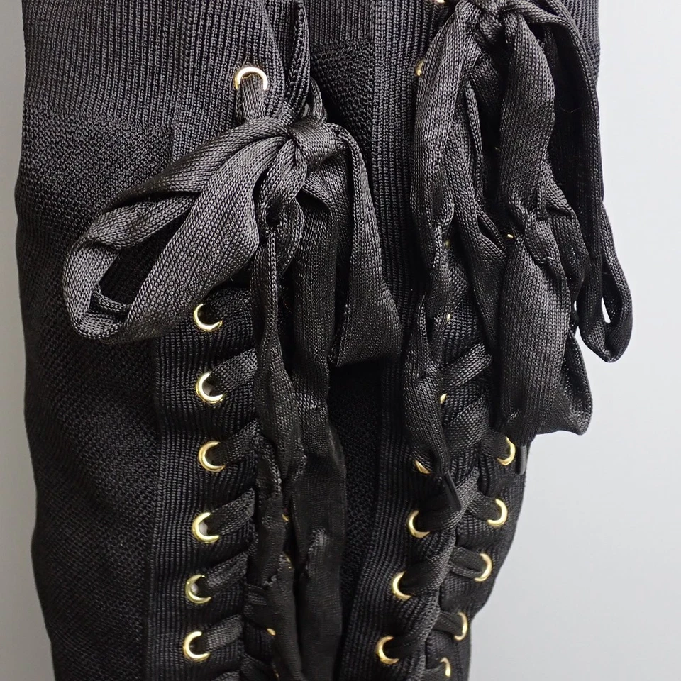 Christian Louboutin Botas Tejidas Sobre la Rodilla Con Cordones Tacón Alto Negras EU:38 Foto 4 de 4