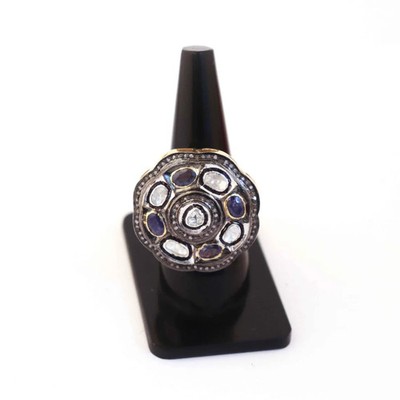 Blue Sapphire Polki Pave Diamond Ring 925 Silver Statement Boho Victorian Ring