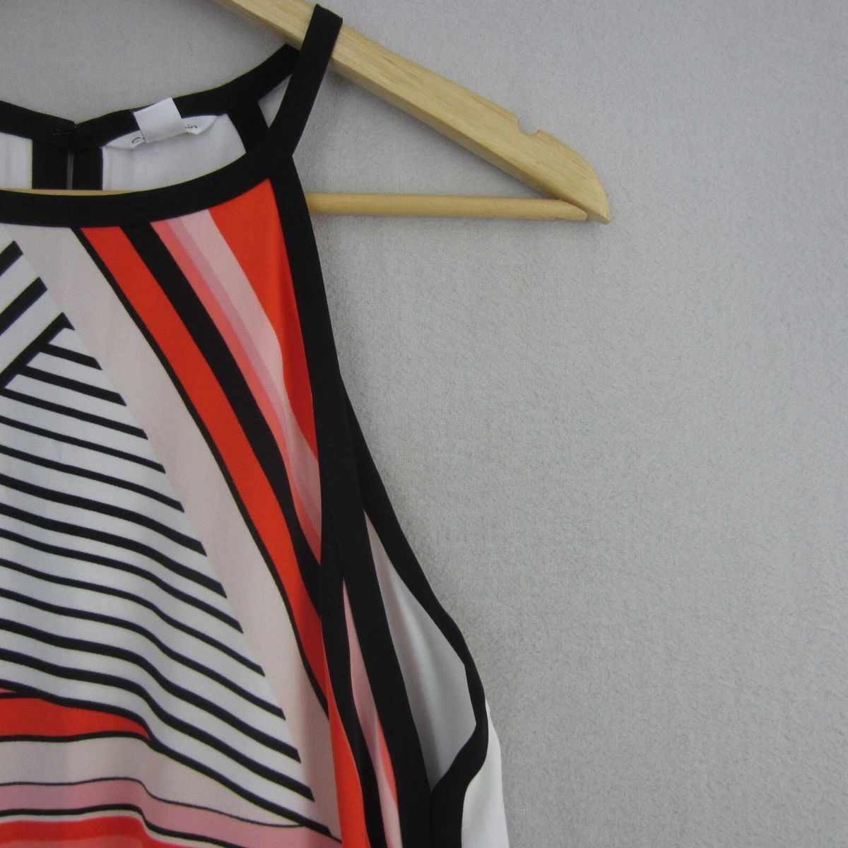 Calvin Klein Top Womens Medium 12 White Black Orange Striped Blouse Flowy
