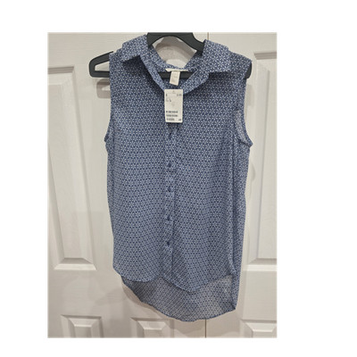 NWT H&M Blue Geometric Print Sleeveless Blouse - Size 4 - High-Low Hem Sheer Top