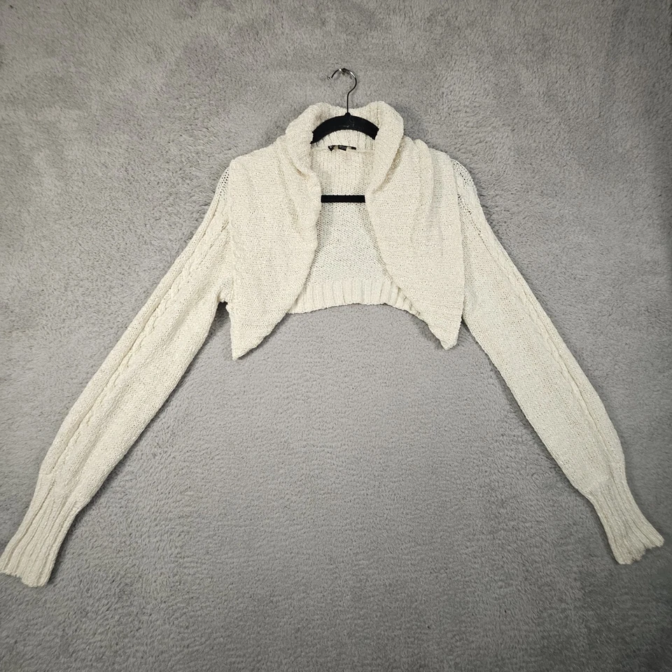 Bebe Shrug Cropped Cardigan Womens L Ivory Ribbed Y2K 90s Club Designer Sweater - Image 2 of 4