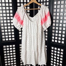 LOFT White Midi Dress Pink Lace Accents Lined Cotton Blend Medium