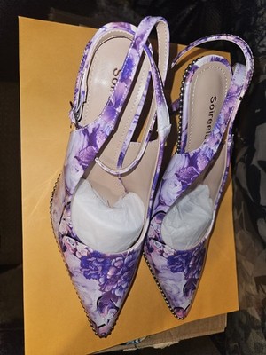 Soireelady Women's Purple Floral Slingback Stiletto Heels Beaded Ankle Strap US8