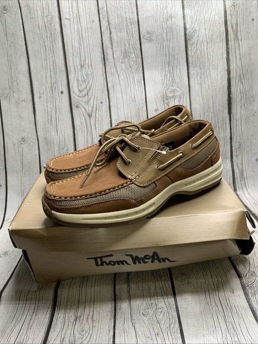 Thom McAn Men's Boat Shoes Brown Leather Mesh Lace Up Deck Shoes